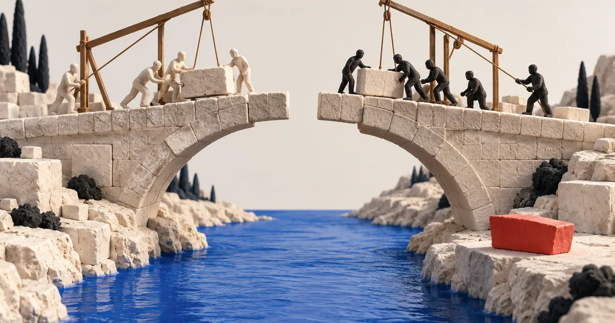 Figuras claras y oscuras trabajan en dos extremos de un puente de piedra incompleto sobre un canal azul.