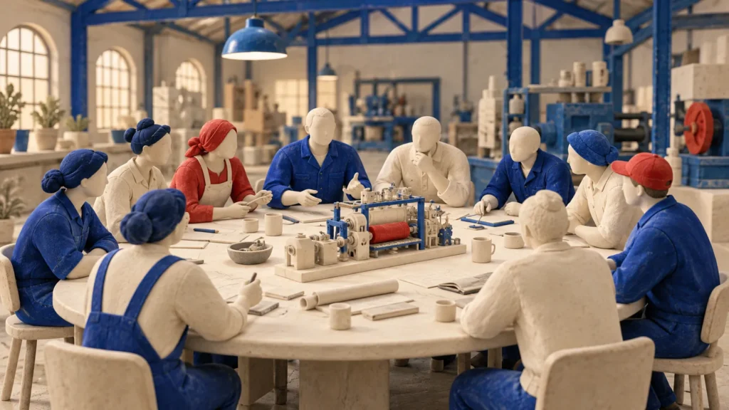 Figuras de cerámica azules, claras y rojas conversan en torno a una mesa con una pequeña máquina dentro de una fábrica.