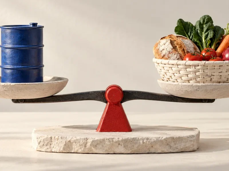 Una balanza de piedra sostiene un barril azul y una cesta con alimentos en una composición sobre fondo marfil.