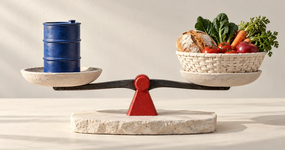 Una balanza de piedra sostiene un barril azul y una cesta con alimentos en una composición sobre fondo marfil.