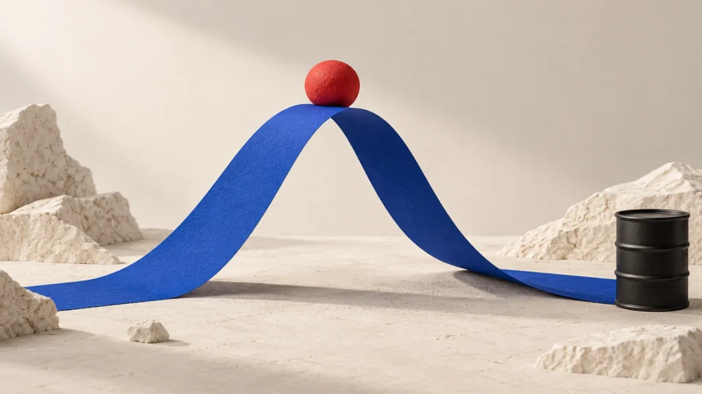 Una cinta de papel azul sube y desciende entre estructuras rojas sobre una superficie clara.