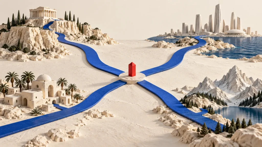 Cuatro caminos de colores se separan hacia construcciones y paisajes diferentes en una maqueta de piedra.