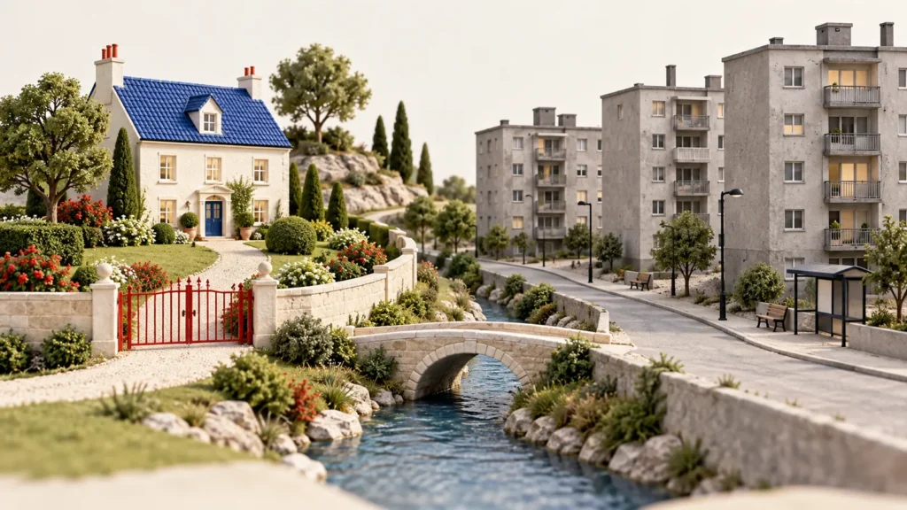 Una casa con tejado azul y jardín contrasta con bloques de apartamentos grises en una escena de maqueta.