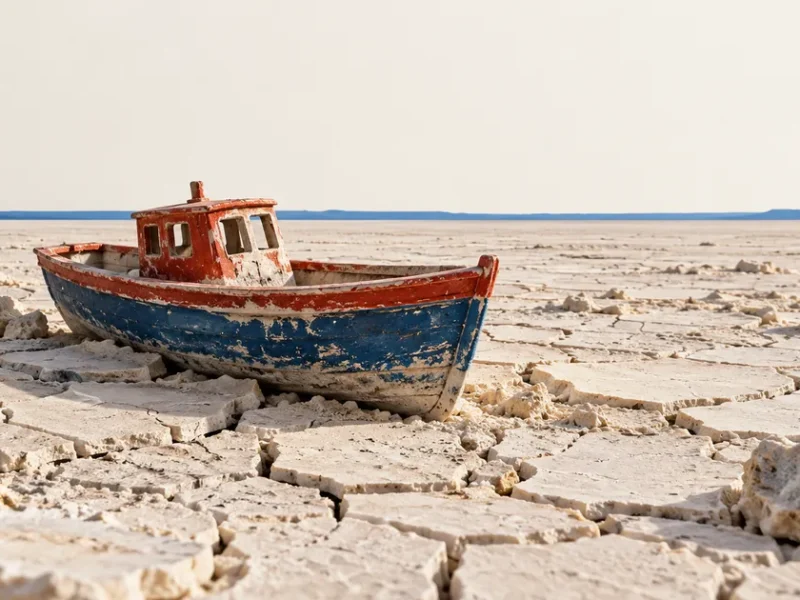Un barco azul y rojo queda varado sobre una superficie seca y agrietada de tonos claros.