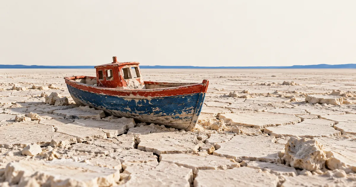 Un barco azul y rojo queda varado sobre una superficie seca y agrietada de tonos claros.