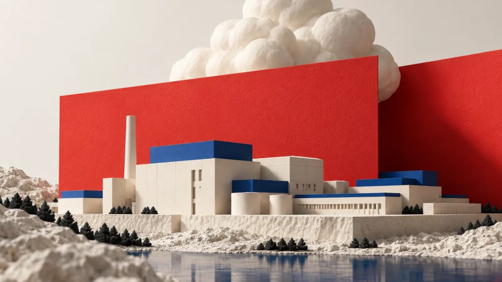 Una central de formas rectangulares y cubiertas azules aparece junto a una nube parcialmente oculta por una pantalla roja.
