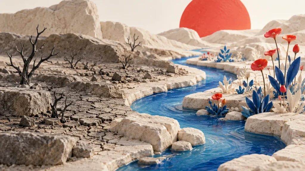 Un río azul atraviesa un paisaje que pasa de suelo árido a vegetación en una composición de maqueta.