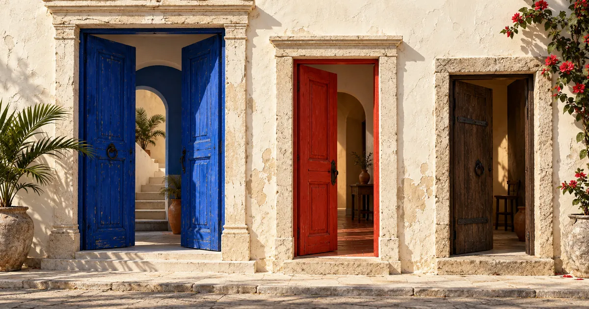 Una fachada caribeña de paredes claras tiene tres puertas abiertas de color azul, rojo y madera oscura.