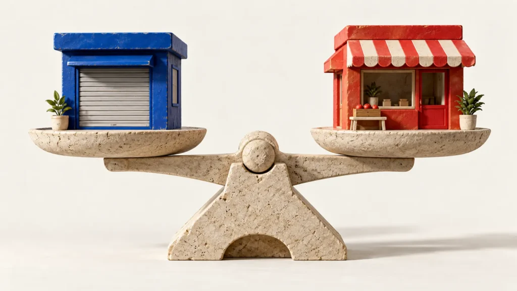 Una balanza de piedra sostiene un quiosco azul cerrado y una tienda roja con toldo.