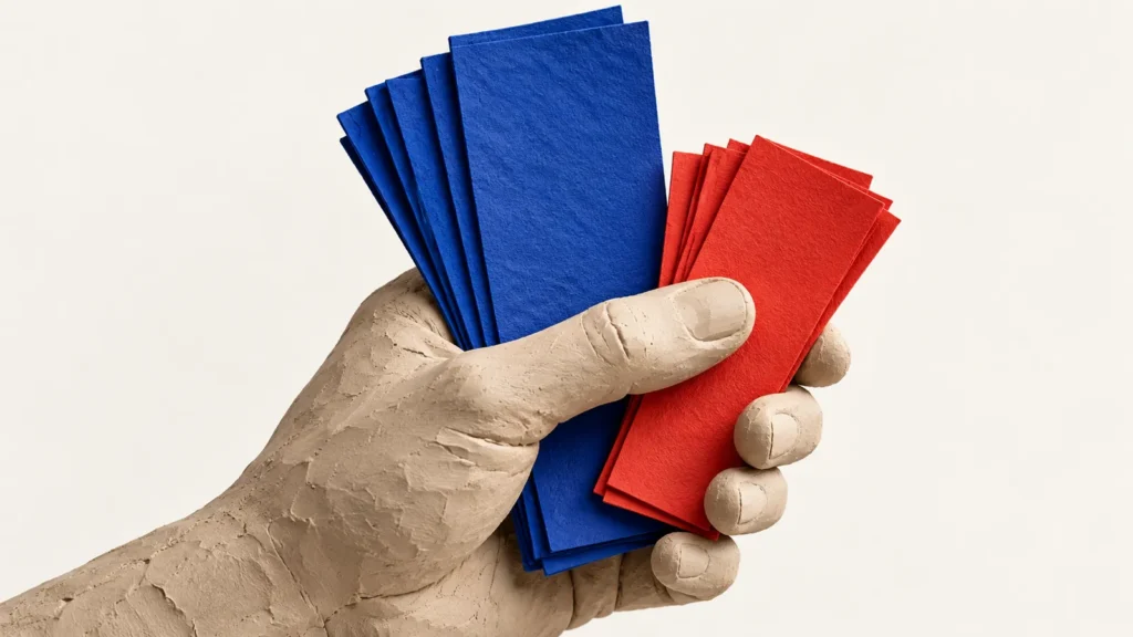 Una mano de cerámica sostiene dos grupos de papeles sin inscripciones, unos azules y otros rojos.