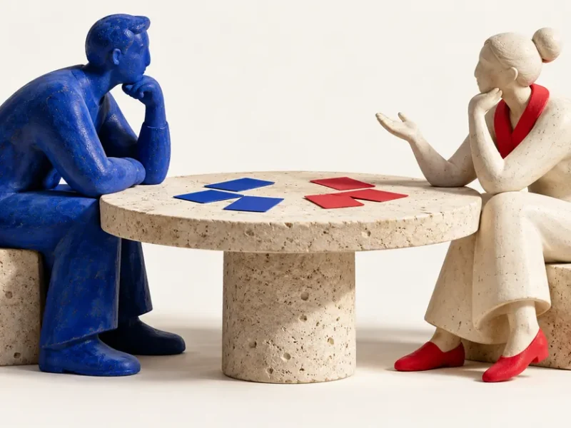 Dos figuras de cerámica, una azul y otra clara con detalles rojos, conversan junto a una mesa con tarjetas.