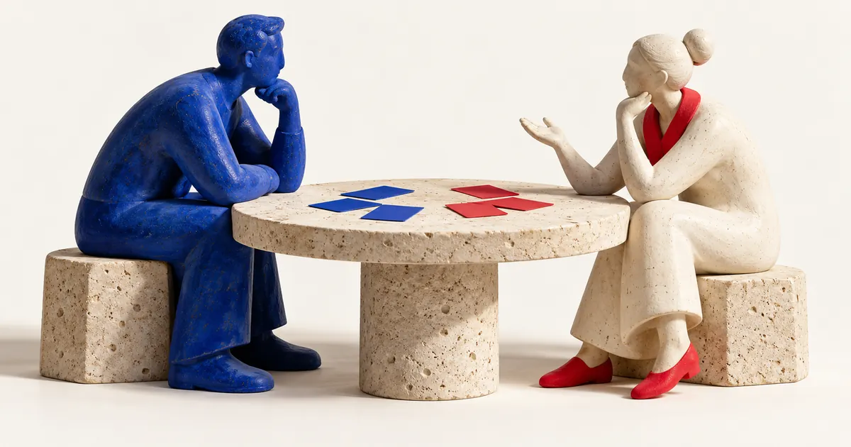 Dos figuras de cerámica, una azul y otra clara con detalles rojos, conversan junto a una mesa con tarjetas.