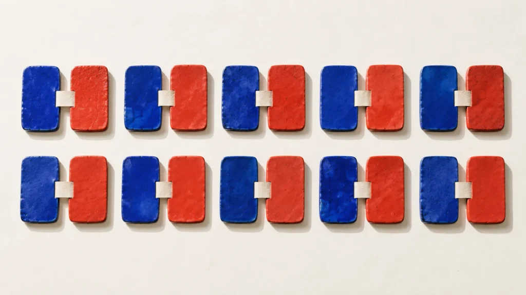 Veinte tarjetas de cerámica forman diez parejas azules y rojas unidas por pequeñas tiras claras.