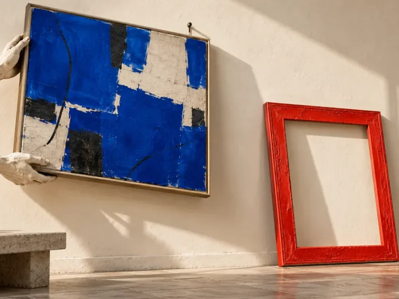 Dos manos de cerámica descuelgan una pintura abstracta azul junto a un marco rojo vacío apoyado en la pared.