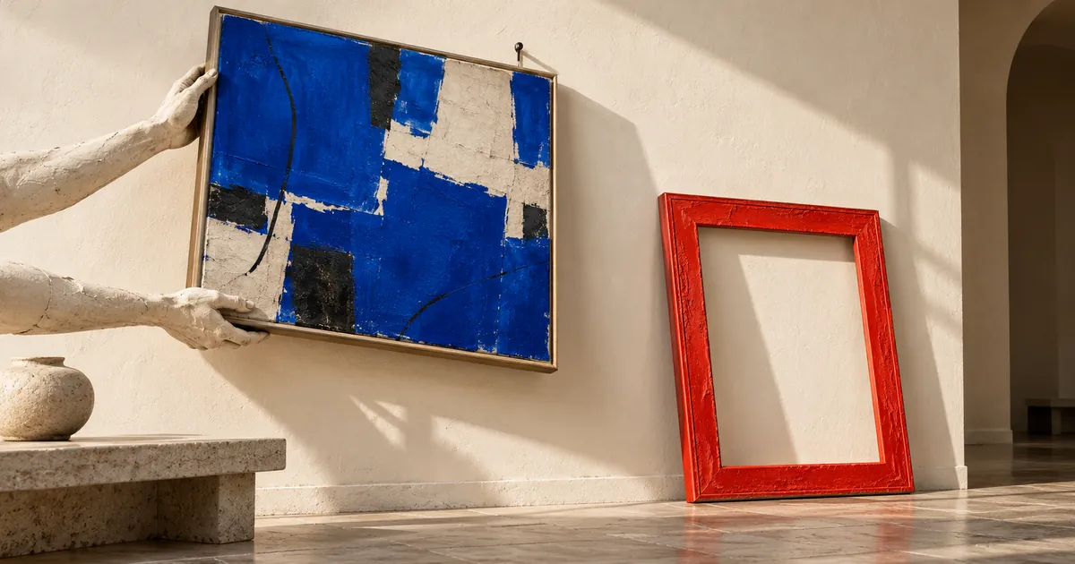 Dos manos de cerámica descuelgan una pintura abstracta azul junto a un marco rojo vacío apoyado en la pared.