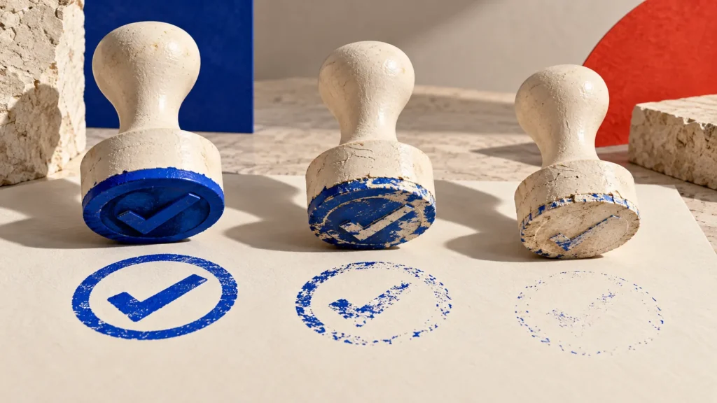 Tres sellos claros con marcas de aprobación azules muestran impresiones que se van borrando sobre una superficie de piedra.