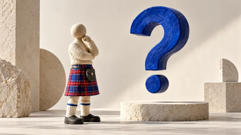 Una figura de cerámica con falda de cuadros observa una escultura azul con forma de interrogante.