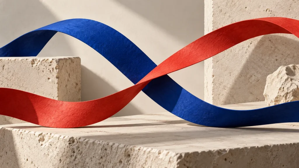 Dos cintas de papel azul y rojo se cruzan sobre una superficie de piedra con sombras suaves.