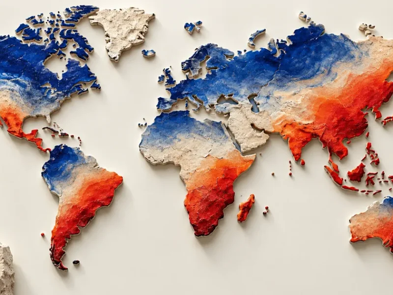 Un mapamundi de continentes de cerámica combina un gradiente decorativo azul, claro y rojo, sin fronteras políticas.