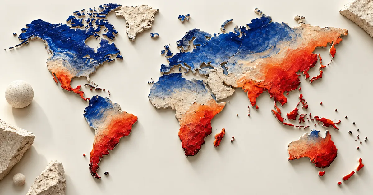 Un mapamundi de continentes de cerámica combina un gradiente decorativo azul, claro y rojo, sin fronteras políticas.