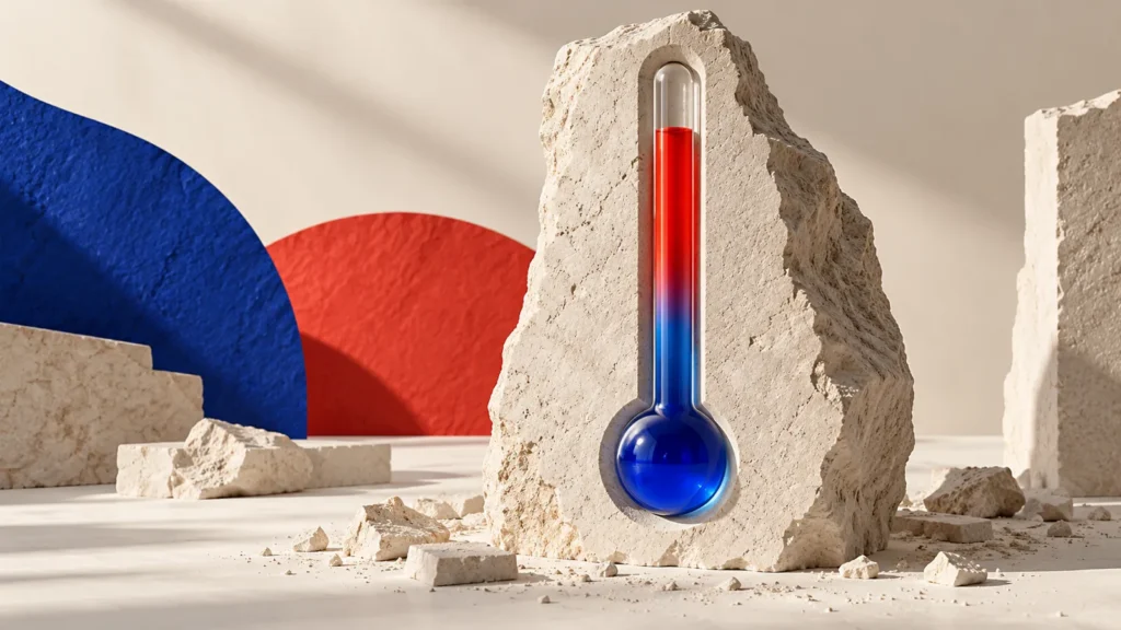 Un termómetro de vidrio con una columna azul y roja está encajado en una pieza de piedra sin números.