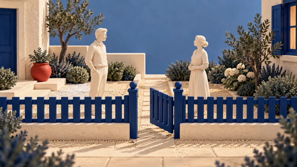 Una cerca azul con puerta abierta delimita dos jardines con figuras anónimas junto al paso.