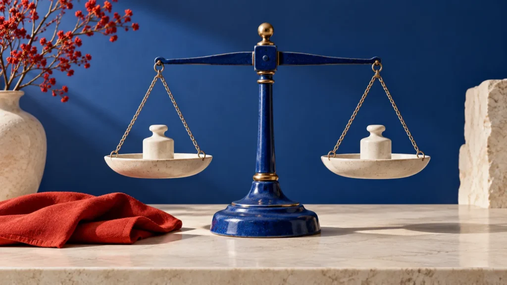 Una balanza azul muestra sus dos platos y dos pesas claras iguales sobre una mesa despejada.