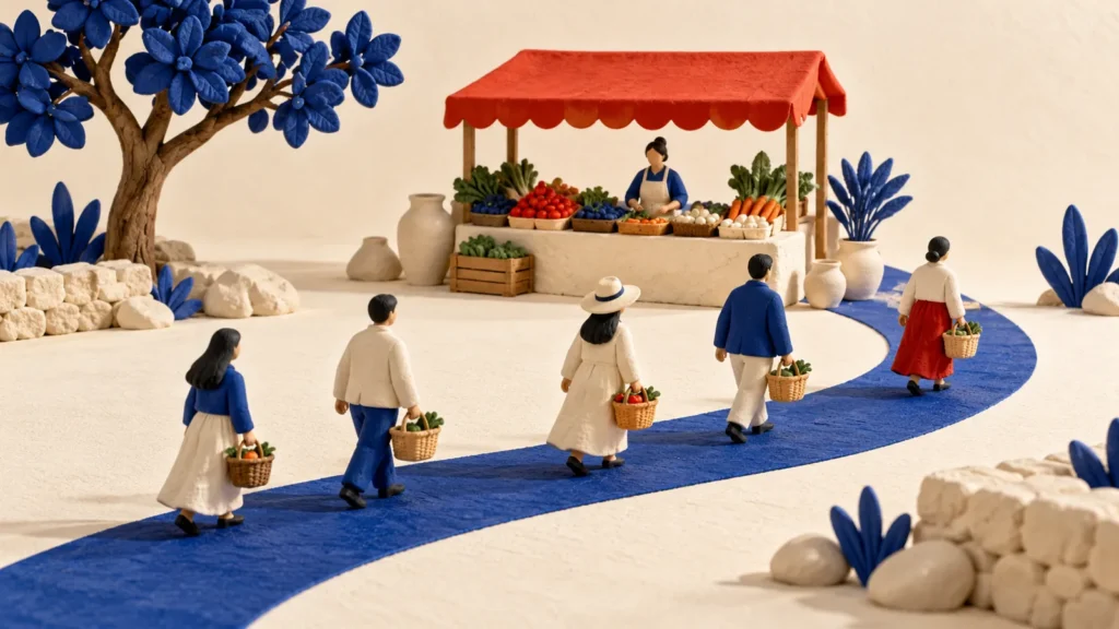 Varias figuras con cestos recorren un camino azul hacia un pequeño puesto de toldo rojo.