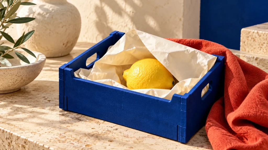 Un limón amarillo queda a la vista al levantarse una esquina de papel sobre una caja azul.