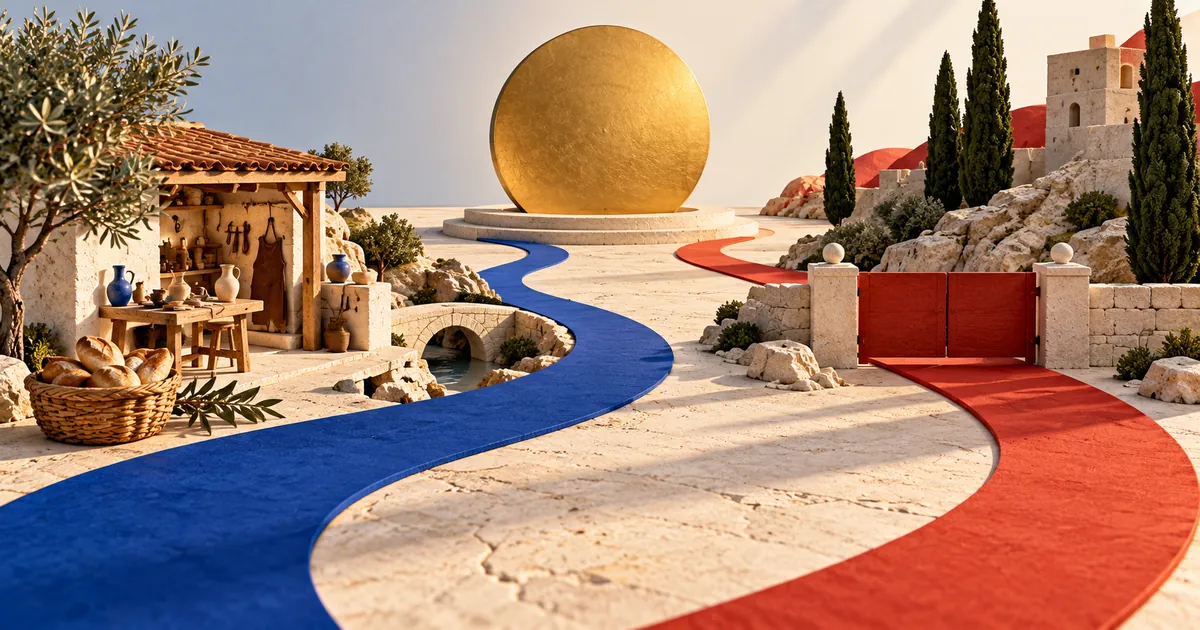 Ilustración conceptual sobre ética del beneficio: dos caminos, azul y rojo, llegan a un disco dorado; uno pasa por un taller y otro por una verja.
