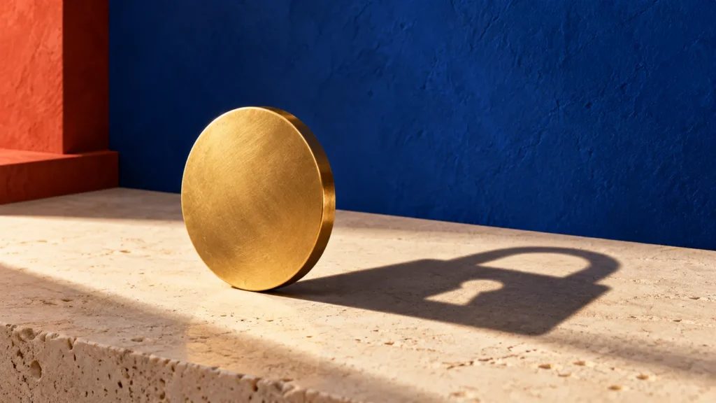 Un disco dorado proyecta una sombra simbólica con forma de candado sobre piedra clara.