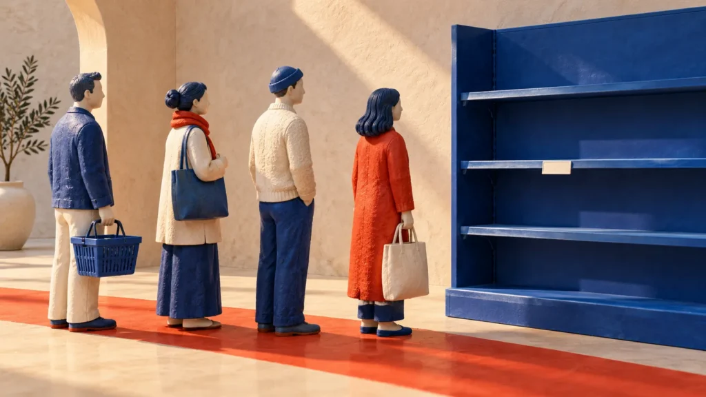 Cuatro figuras adultas esperan junto a un estante azul vacío con una etiqueta sin cifras.