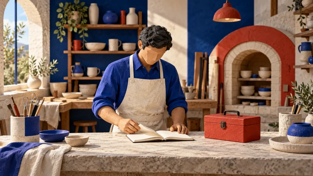 Una figura adulta con camisa azul consulta un cuaderno en un taller imaginario junto a una caja roja.
