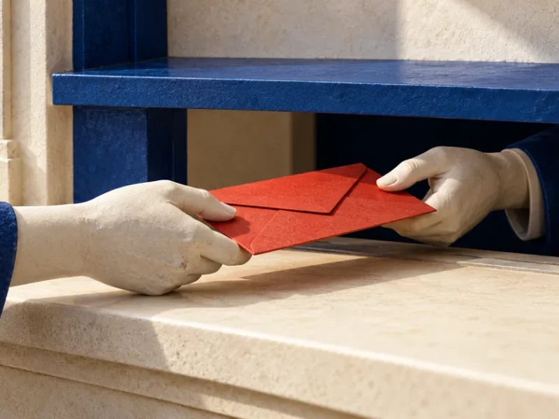 Ilustración conceptual sobre corrupción cotidiana: dos manos adultas pasan un sobre rojo bajo una ventanilla azul imaginaria.