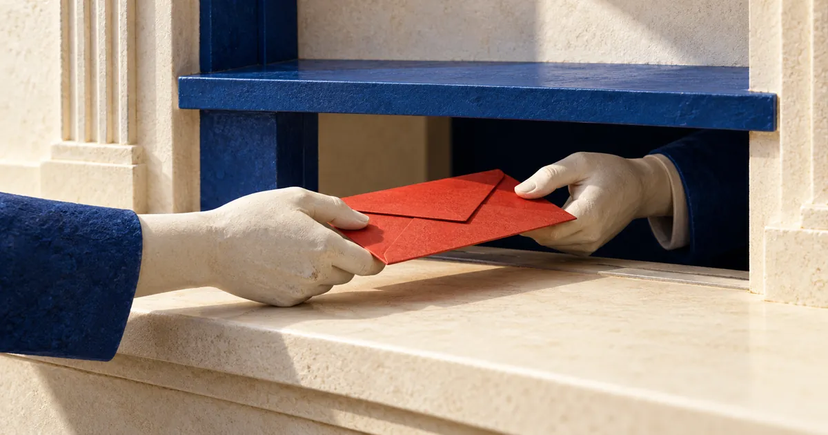Ilustración conceptual sobre corrupción cotidiana: dos manos adultas pasan un sobre rojo bajo una ventanilla azul imaginaria.