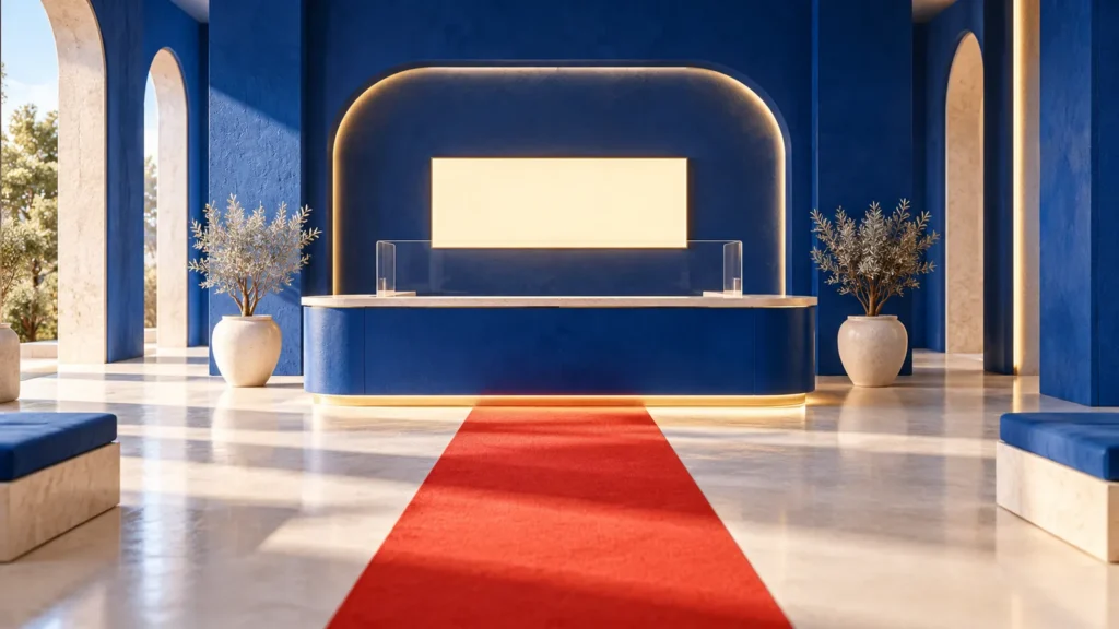 Un recorrido rojo conduce a una ventanilla azul iluminada con una pantalla sin texto.