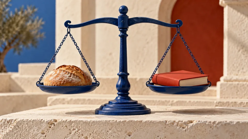 Una balanza azul sostiene un pan y un libro rojo sin título sobre una mesa clara.