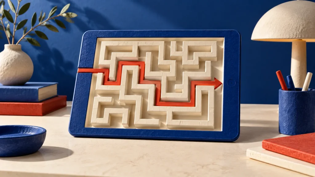 Una pantalla azul contiene un laberinto claro con un recorrido rojo y una salida visible.