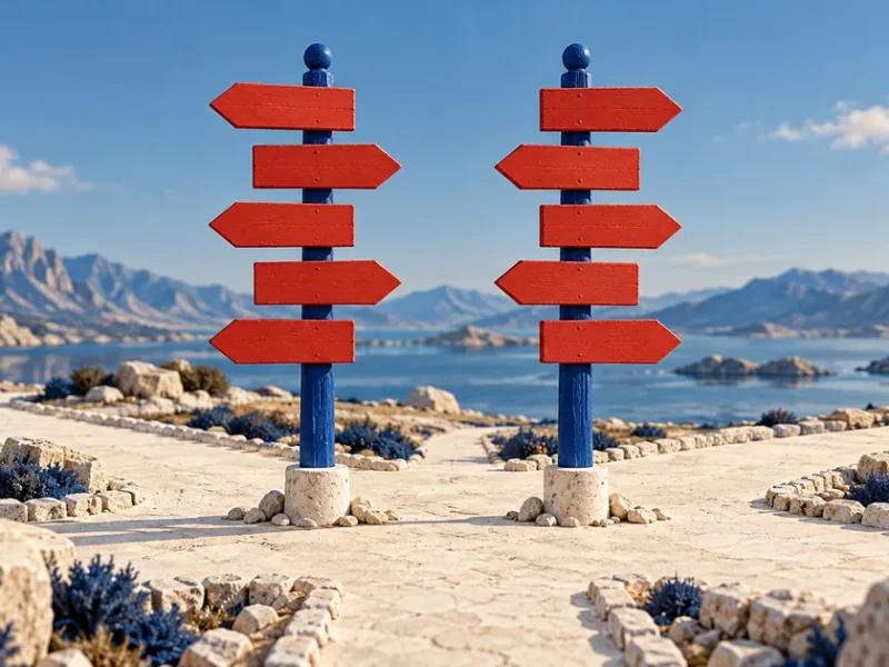 Ilustración conceptual sobre dilemas éticos del emprendedor: dos postes azules con cinco flechas rojas cada uno señalan caminos en una encrucijada imaginaria.