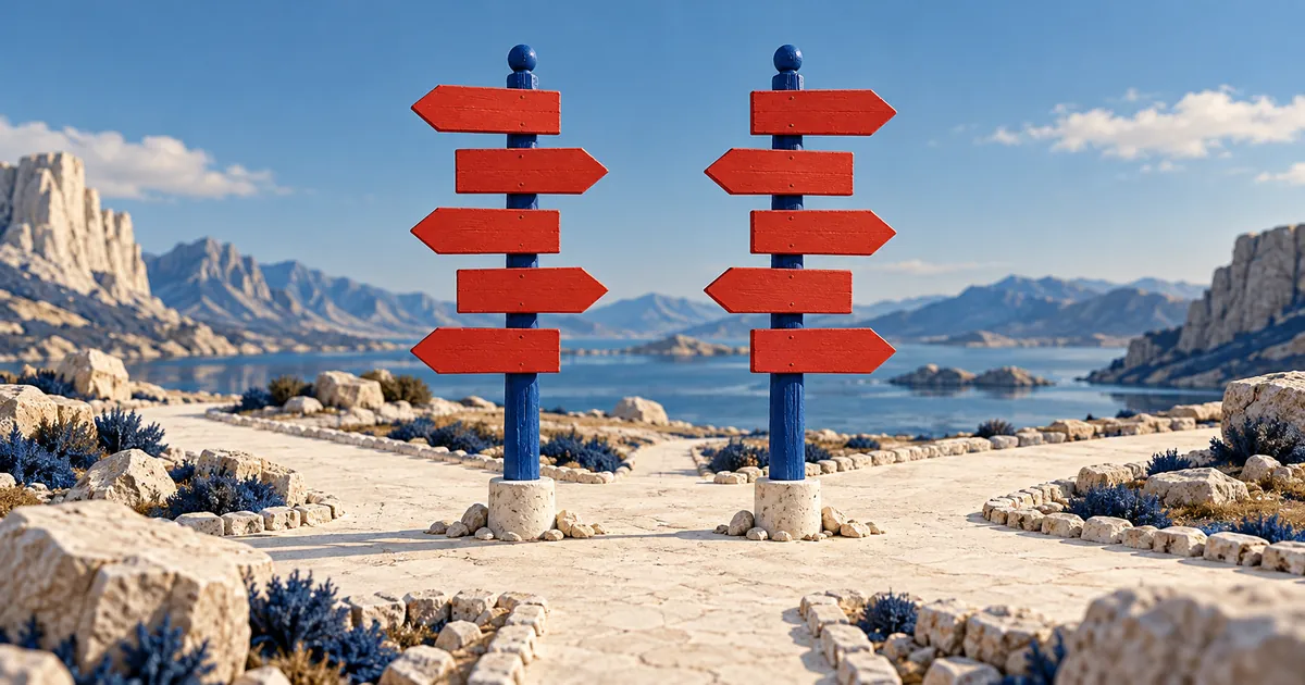 Ilustración conceptual sobre dilemas éticos del emprendedor: dos postes azules con cinco flechas rojas cada uno señalan caminos en una encrucijada imaginaria.