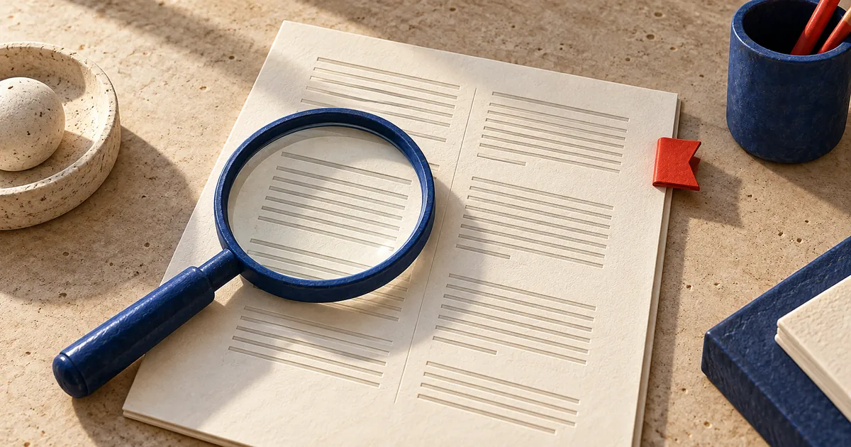 Ilustración conceptual sobre leer una ley: una lupa azul se apoya sobre un documento claro organizado en columnas y bloques sin texto legible.