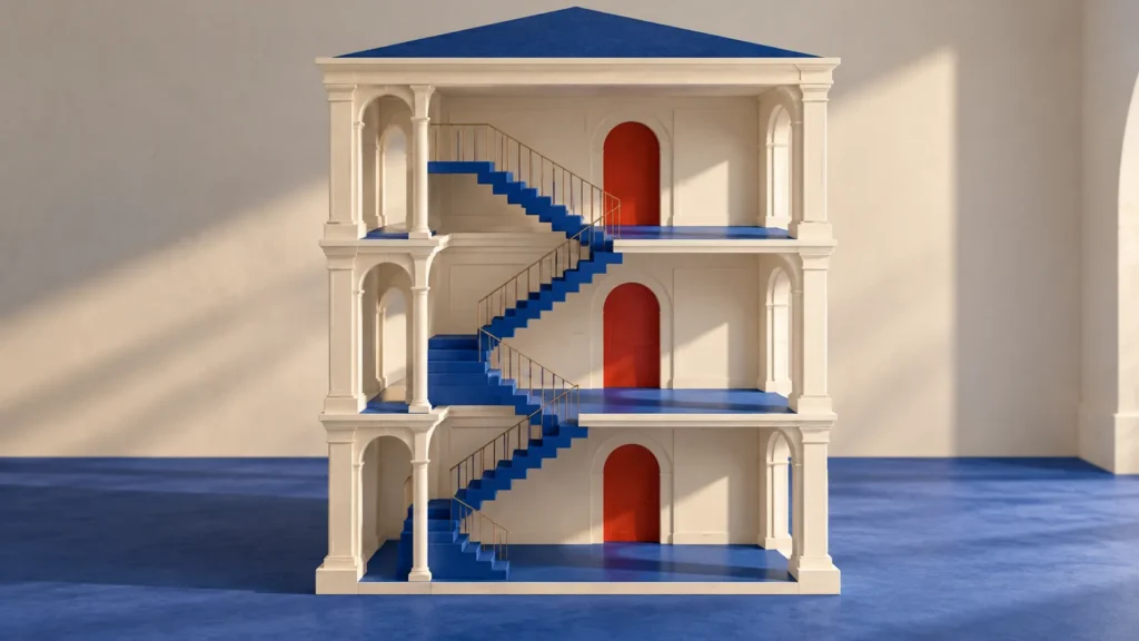 Un edificio imaginario dividido en tres plantas muestra una escalera azul y puertas rojas.