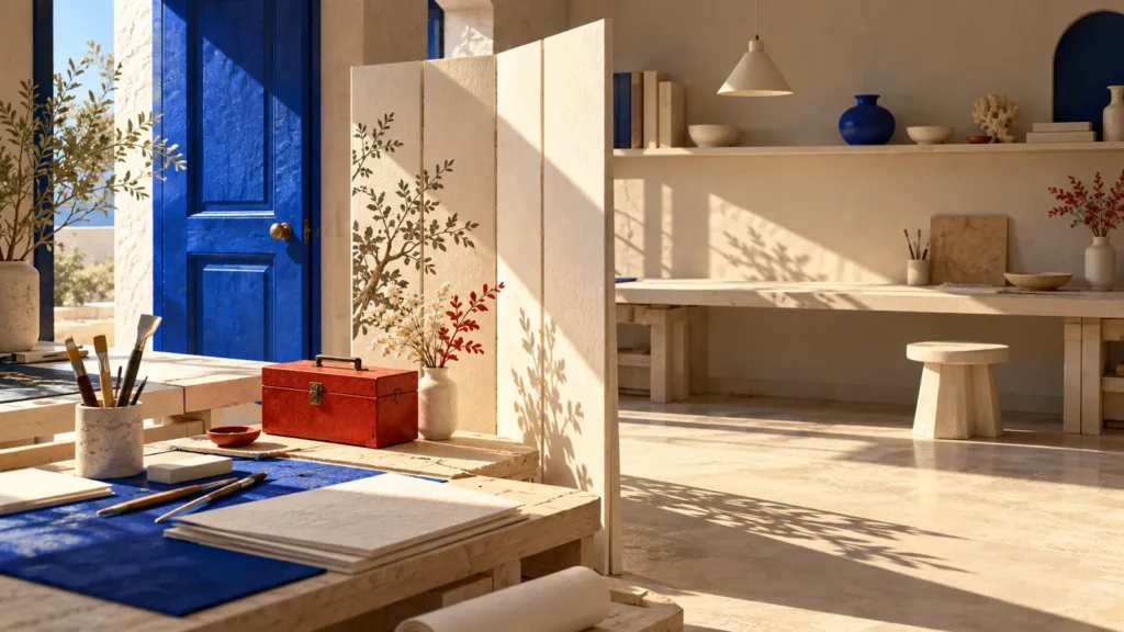 Una puerta azul y una caja roja iluminadas proyectan sombras junto a una superficie de trabajo vacía.