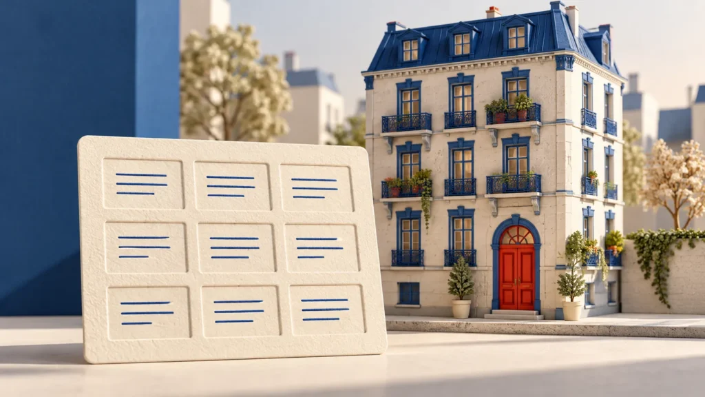 Una ficha con nueve casillas y trazos azules se sitúa junto a un edificio residencial imaginario.