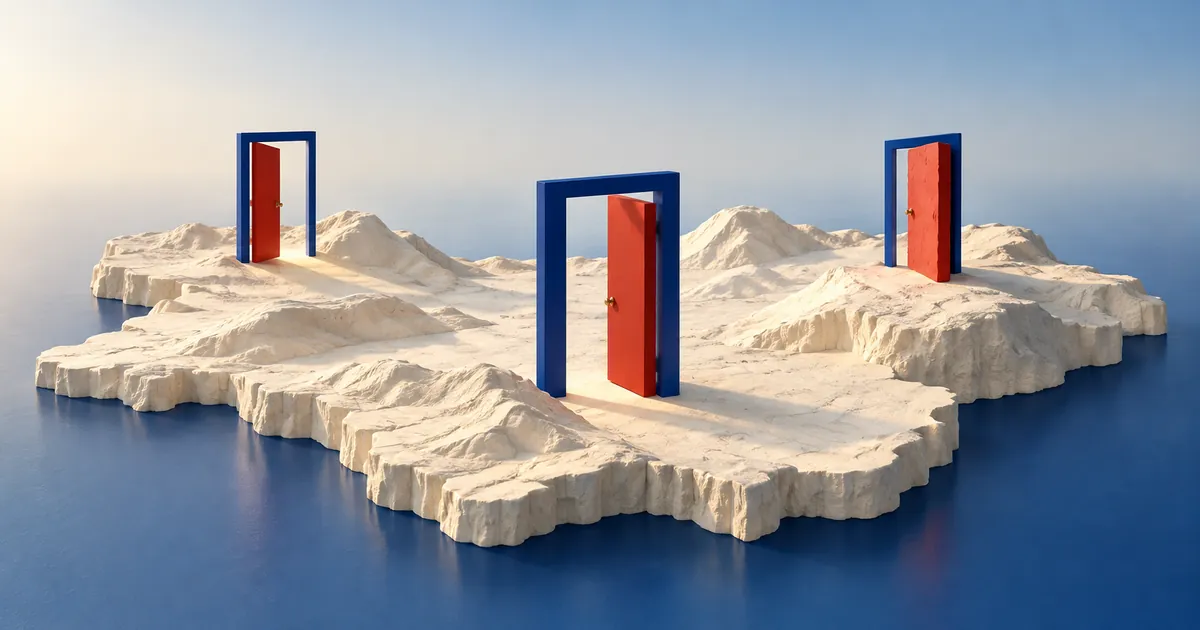 Ilustración conceptual sobre abrir un negocio: tres puertas azules con hojas rojas de distinto grosor se levantan sobre un relieve cartográfico abstracto.