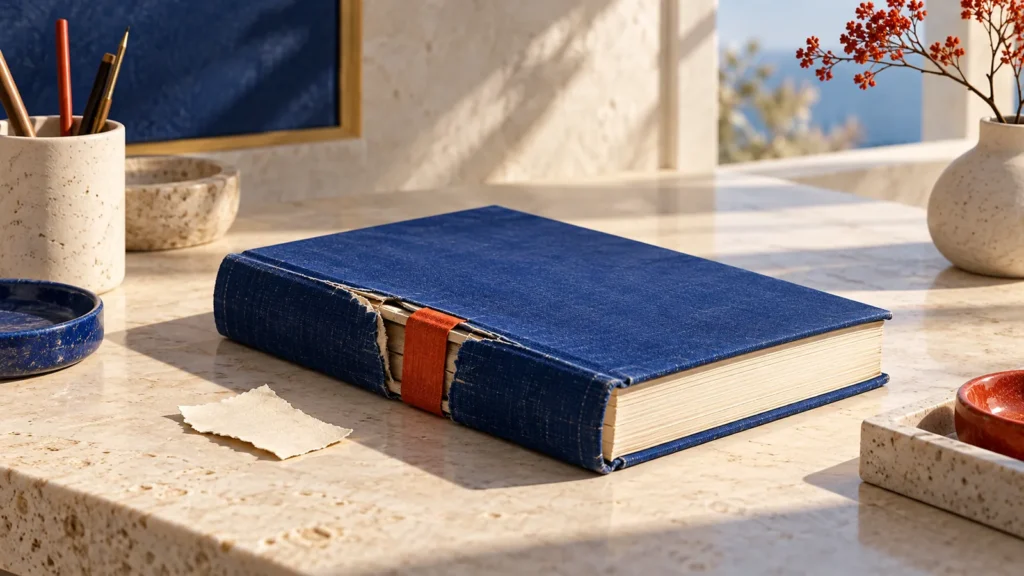 Un libro azul sin título muestra una reparación roja en el lomo sobre una mesa clara.