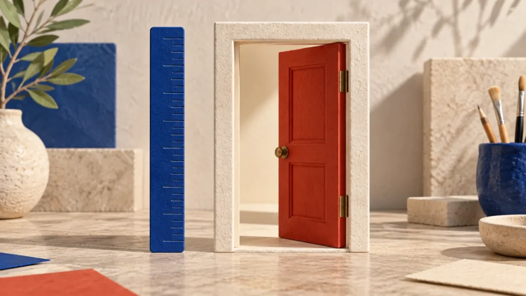 Una regla azul sin números se coloca junto a una puerta roja abierta en un marco claro.
