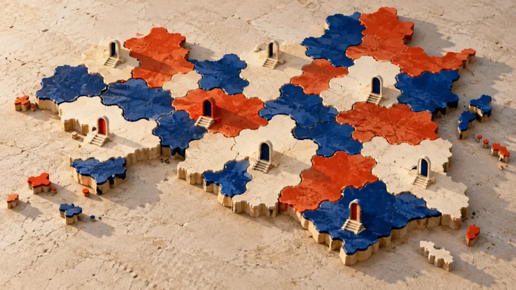 Un mapa abstracto de piezas de colores contiene pequeñas puertas sobre varios territorios.