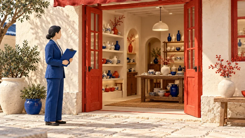 Una figura con carpeta se sitúa ante la puerta abierta de un pequeño comercio.