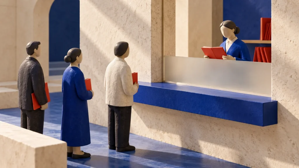 Tres figuras anónimas esperan ante una ventanilla donde una empleada sostiene una carpeta roja.